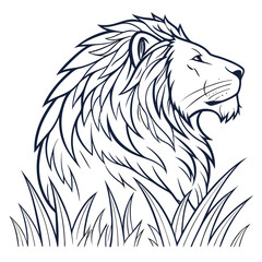Majestic lion head profile illustration with flowing mane emerging from tall grass against a clean white background