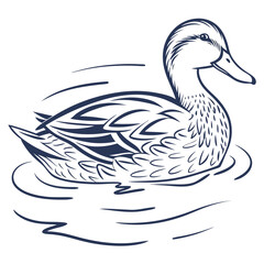 Elegant single line drawing of a mallard duck swimming gracefully on rippling water surface