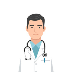 Fototapeta premium Friendly male doctor with a stethoscope, character avatar portrait. Vector illustration of a medical professional in a white lab coat