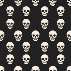 Creepy and captivating seamless pattern featuring numerous white skull illustrations arranged uniformly on a dark, mysterious background, perfect for gothic or Halloween themes