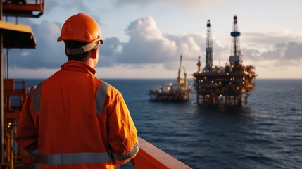 Worker overseeing oil production offshore platform industrial scene evening light perspective of vigilance in energy sector