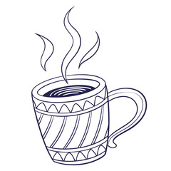 A charming hand drawn outline illustration of a steaming mug of coffee or tea with decorative patterns