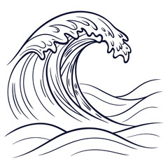 Stylized outline drawing of a powerful ocean wave cresting and breaking with white foam against a clean white background