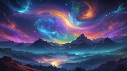 Cosmic night scene blending colorful nebula shapes and abstract light trails, suitable for sci-fi projects, wallpapers, and digital media.