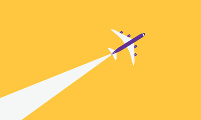 Illustration of simple airplane travel opens the background behind itself. Banner for a trip abroad on vacation. Copy space and negative space.