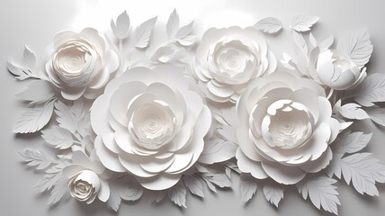 Elegant 3D paper art with roses and peonies in pure white monochrome. Perfect for wall murals, decorative panels, luxury interiors, invitations, packaging, and high-end branding design.