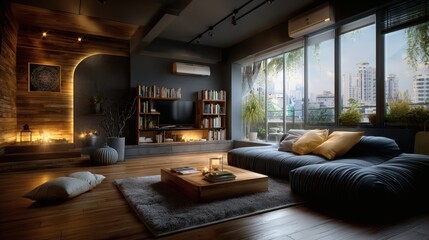 Modern Living Room Interior with TV on Cabinet and Minimalist Furniture