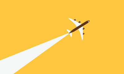 Illustration of simple airplane travel opens the background behind itself. Banner for a trip abroad on vacation. Copy space and negative space.