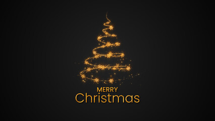 merry christmas text and tree with golden snowflakes and stars glitter on black , holiday new year card social media background