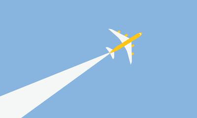 Illustration of simple airplane travel opens the background behind itself. Banner for a trip abroad on vacation. Copy space and negative space.
