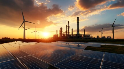 Renewable energy revolution solar panels and wind turbines powering industry at sunset nature-inspired landscape sustainable future vision