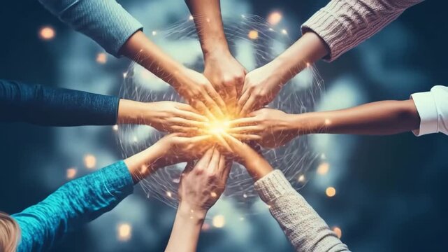 Coworkers joining hands creating a bright digital network connection, symbolizing teamwork, innovation, and global communication