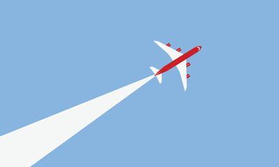 Illustration of simple airplane travel opens the background behind itself. Banner for a trip abroad on vacation. Copy space and negative space.