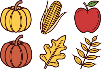 Autumn Harvest Icons: Pumpkins, Corn, Apple, and Fall Leaves vector Illustration