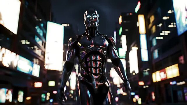 Cyberpunk android standing in a neon-lit city street.