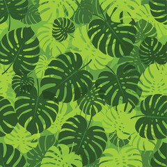 Seamless pattern of vibrant green monstera leaves overlapping with a layered tropical design, seamless pattern, royalty stock.