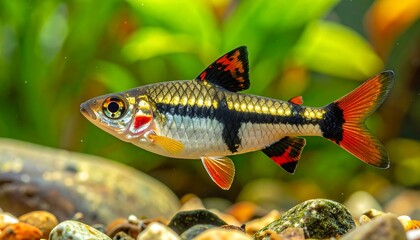 Fototapeta premium A vibrant, colorful fish, with a striking pattern of black, gold, and white scales, and bright red fins, swims gracefully in an aquarium setting.