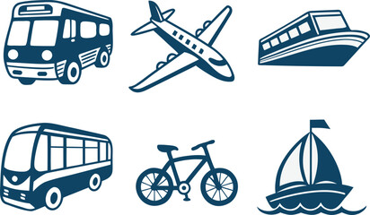 Collection of Diverse Transportation Icons: Bus, Airplane, Boat, Bicycle, and Sailboat vector Illustration