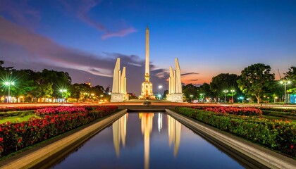 Obraz premium A serene evening scene at the War Veterans Monument in Bangkok, Thailand, showcasing the illuminated structure reflected in a tranquil water feature.