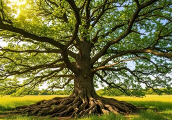 Obraz premium Majestic Old Oak Tree in a Sunny Field