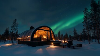 Aurora borealis over a modern glass cabin in a winter landscape scenic night view nature's wonders illuminating the arctic sky