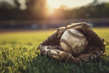 Well-worn baseball nestled in a vintage mitt, bathed in the warm glow of sunset on a lush field.
