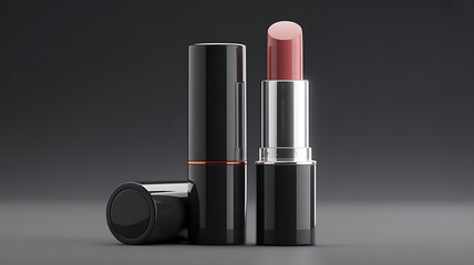Obraz premium Pink lipstick in black case, open and closed, makeup essential