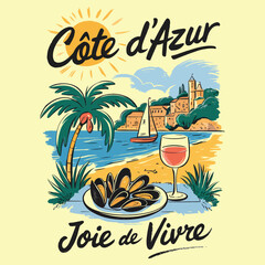 Vibrant illustration depicting a delightful coastal vacation, featuring fresh seafood, a glass of ros&eacute;, and sunny Mediterranean charm
