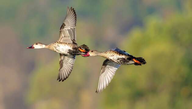 Two ruddy shelducks soar gracefully against a soft, out-of-focus backdrop of lush greenery.