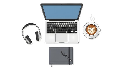 Modern Laptop with Headphones Notebook and Coffee Cup on White Background