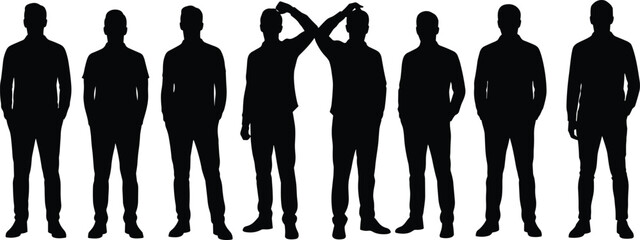 Male silhouettes standing, casual poses, outline figures, various stances, relaxed posture, graphic illustration, body language, minimal