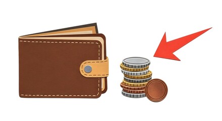 Brown Wallet with Stack of Coins and Red Arrow on White Background