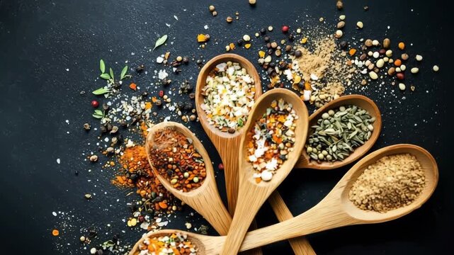 Colorful spices and herbs spilling from wooden spoons create a vibrant culinary scene