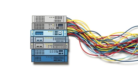 Server Rack with Colorful Network Cables on White Background