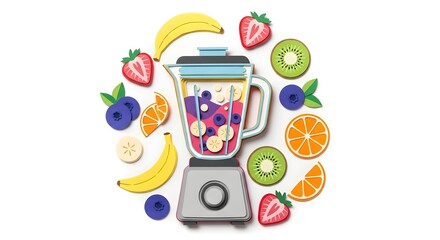 Colorful Fruit Smoothie in Blender Surrounded by Fresh Fruits