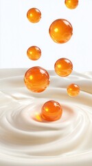 Golden serum beads hover above swirls of cream, capturing the essence of luxurious skincare formulas.
