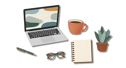 Desk Workspace with Laptop Notebook Mug Plant Glasses Pen