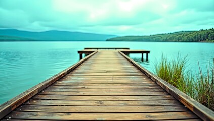 Fototapeta premium Wooden Dock Extending into Lake with Trees and Mountain View