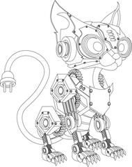 Coloring book cat robot. Vector illustration.