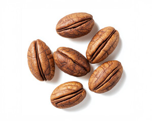 Obraz premium A high-angle, eye-level close-up presents six shelled nuts scattered on a white backdrop with soft light.