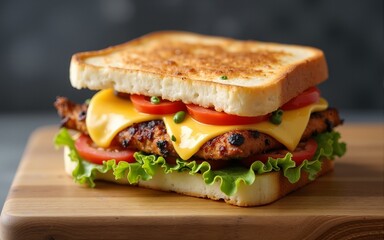 Grilled Chicken and Cheese Sandwich on Wooden Board. High quality