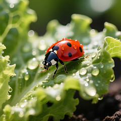 Obraz premium Ladybug on fresh lettuce leaf with water droplets in garden 