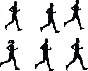 Running silhouettes, male and female runners, athletic motion, stride, posture, speed, exercise, fitness, movement, training, dynamic, sport, isolated, , white background, action