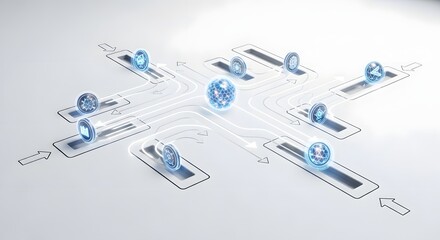 Futuristic Digital Network Diagram with Connecting Icons and Glowing Spheres