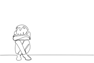 Single one line drawing boy sitting on the floor with head bowed. The worst sadness is failing to get the best grades. Childhood Depression Awareness Day. Continuous line design graphic illustration