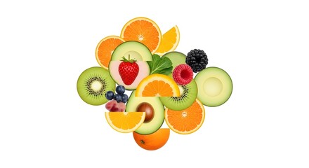 Colorful Assorted Sliced Fruit Composition with Citrus Apple Kiwi Berries and Mint on White Background