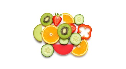 Fresh Fruit Salad with Kiwi Strawberry Orange Cucumber Red Bell Pepper in White Bowl