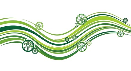 Abstract Green Wavy Lines with Circular Elements on White Background