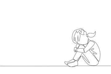 Single continuous line drawing girl sitting with bent legs and crossed arms. Loneliness. Silence. Lonely. Empty. Mentally tired. Childhood Depression Awareness Day. One line design vector illustration