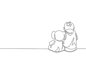 Single one line drawing boy sitting bowed on the floor accompanied by elephant doll. Loneliness is sadness. Alone. Childhood Depression Awareness Day. Continuous line design graphic illustration
